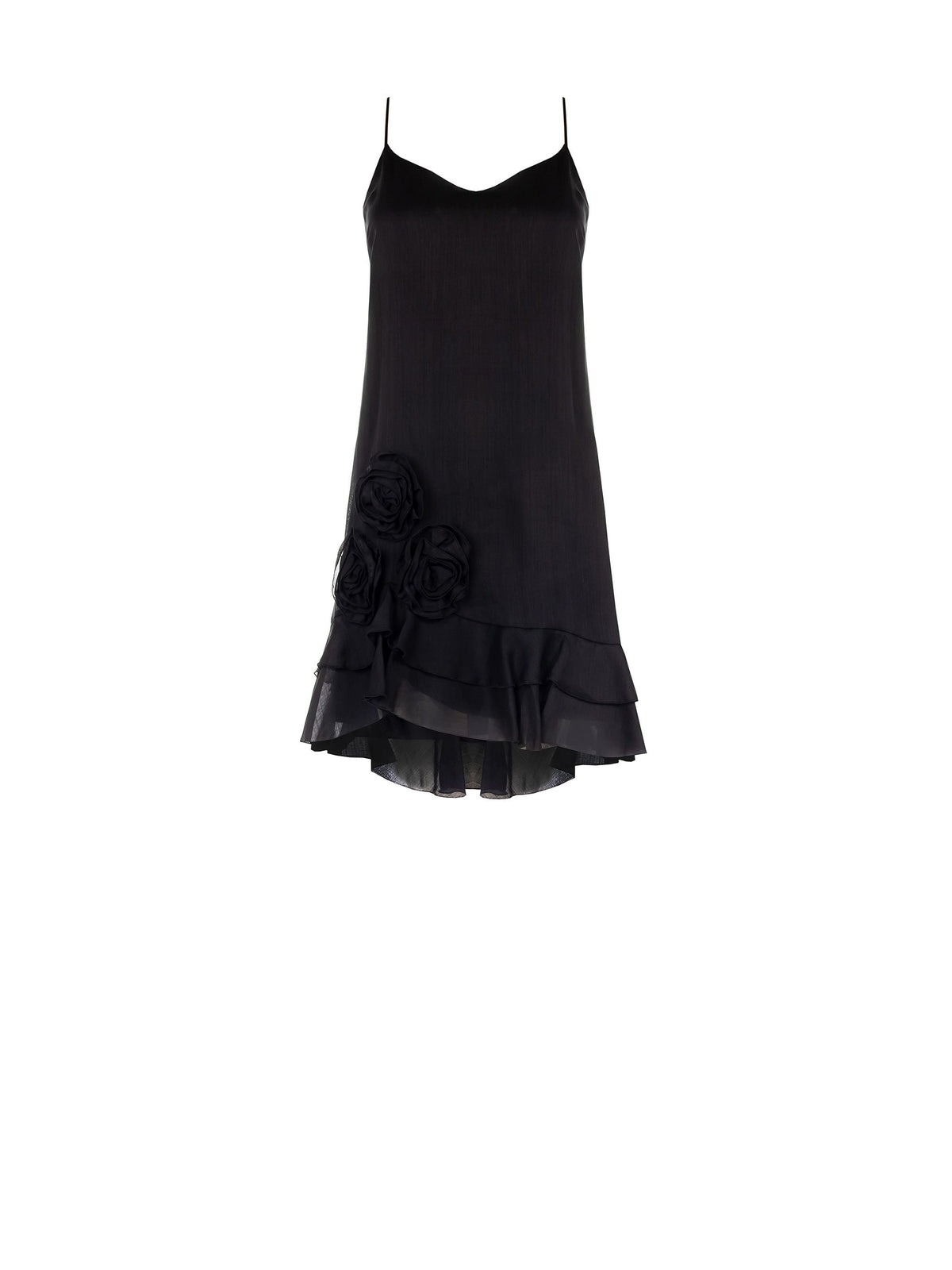 Mini abito nero in lyocell con rose applicate e balze