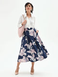 Gonna midi svasata in duchesse a fiori blu brillante