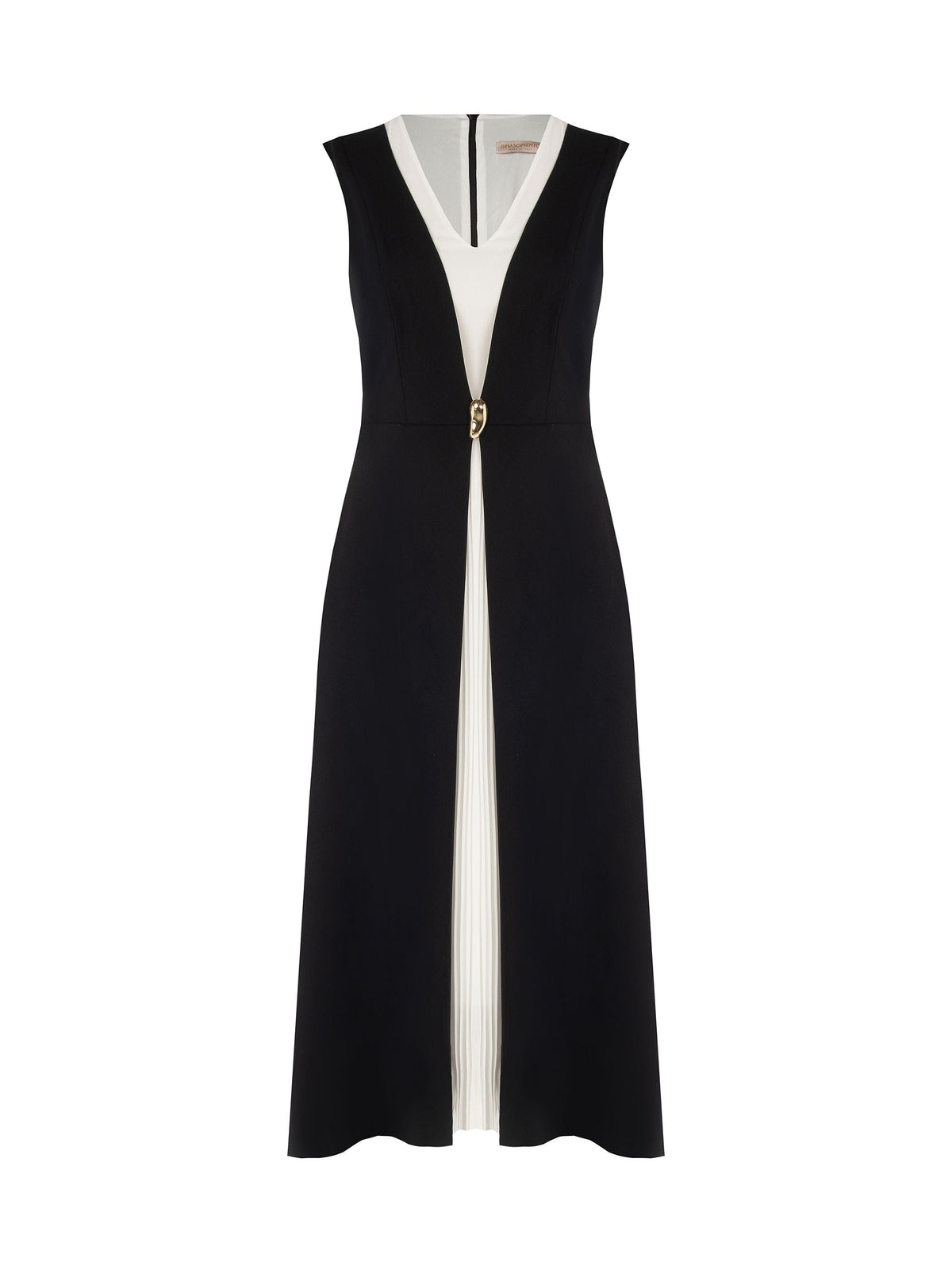 Abito Curvy lungo nero con inserto plissettato a contrasto