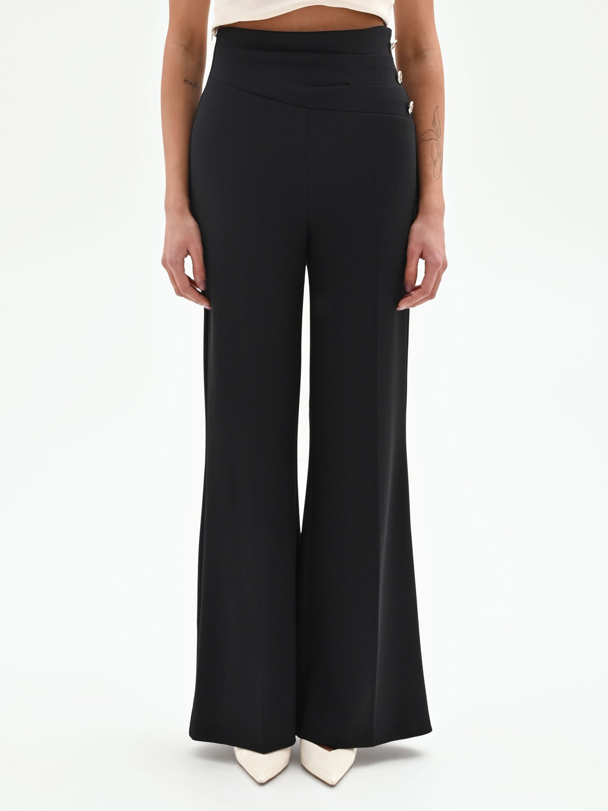 Pantalone Palazzo Vita Alta Nero con Bottoni