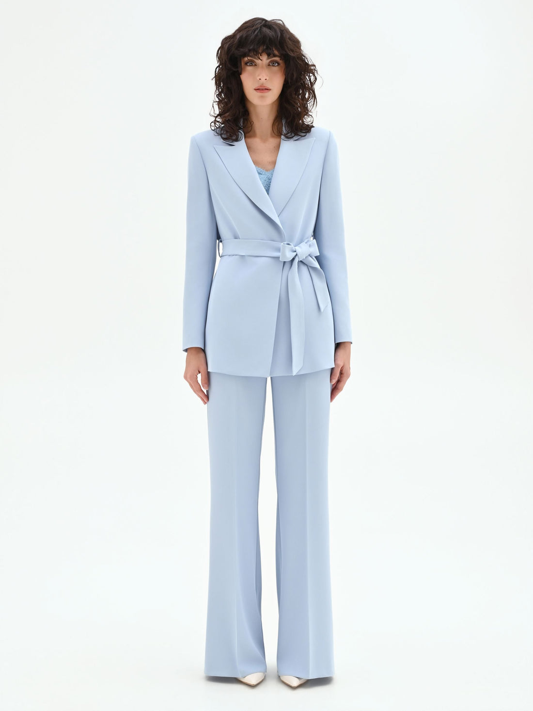 Giacca blazer cielo azzurro con cintura in vita