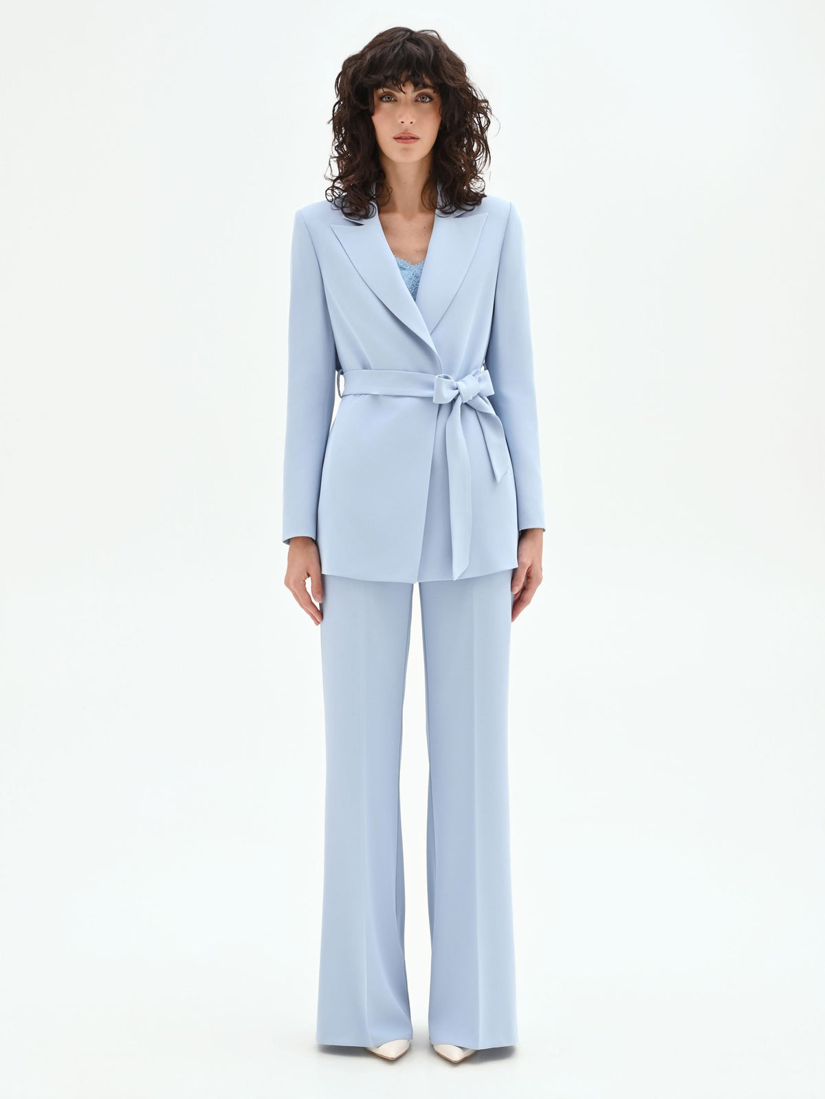 Giacca blazer cielo azzurro con cintura in vita