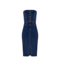 Abito a tubino in denim blu navy con bottoni dorati