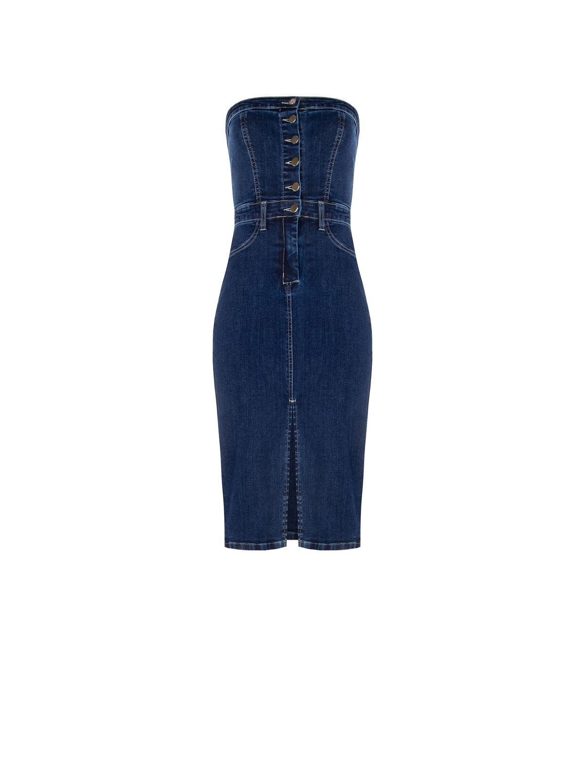 Abito a tubino in denim blu navy con bottoni dorati