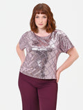 Blusa Curvy manica corta in paillettes rosa antico