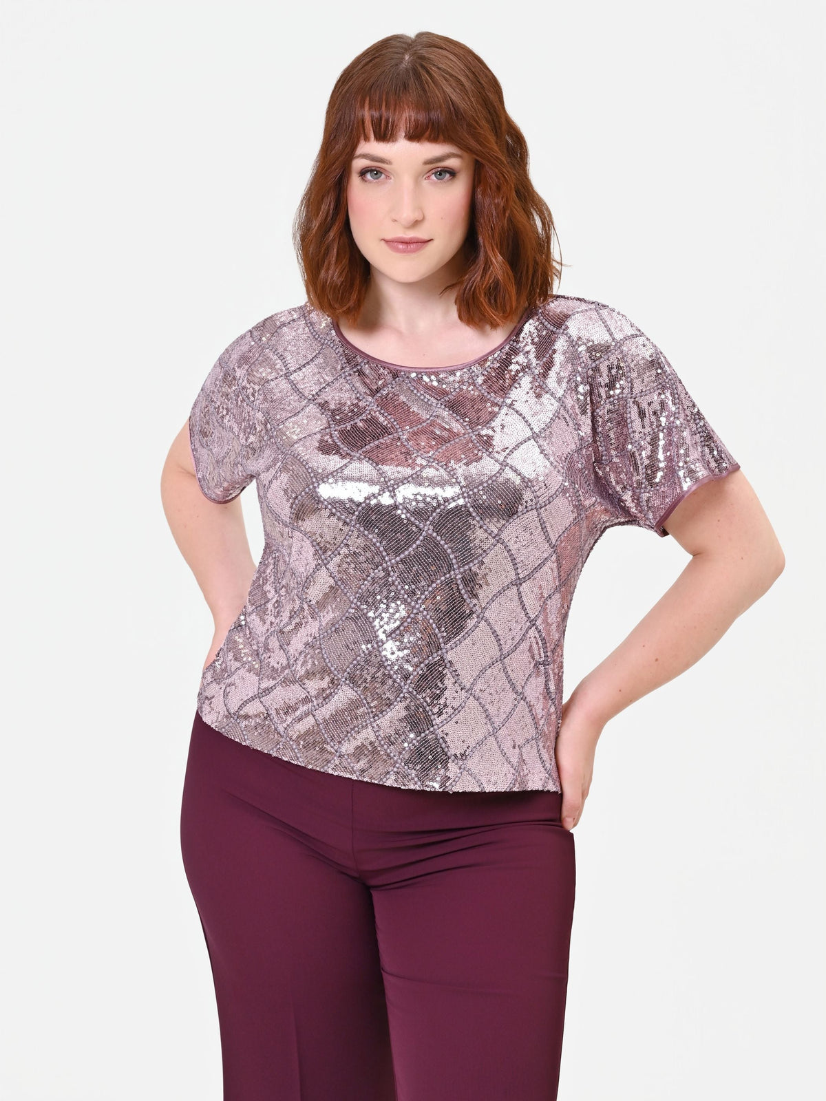 Blusa Curvy manica corta in paillettes rosa antico